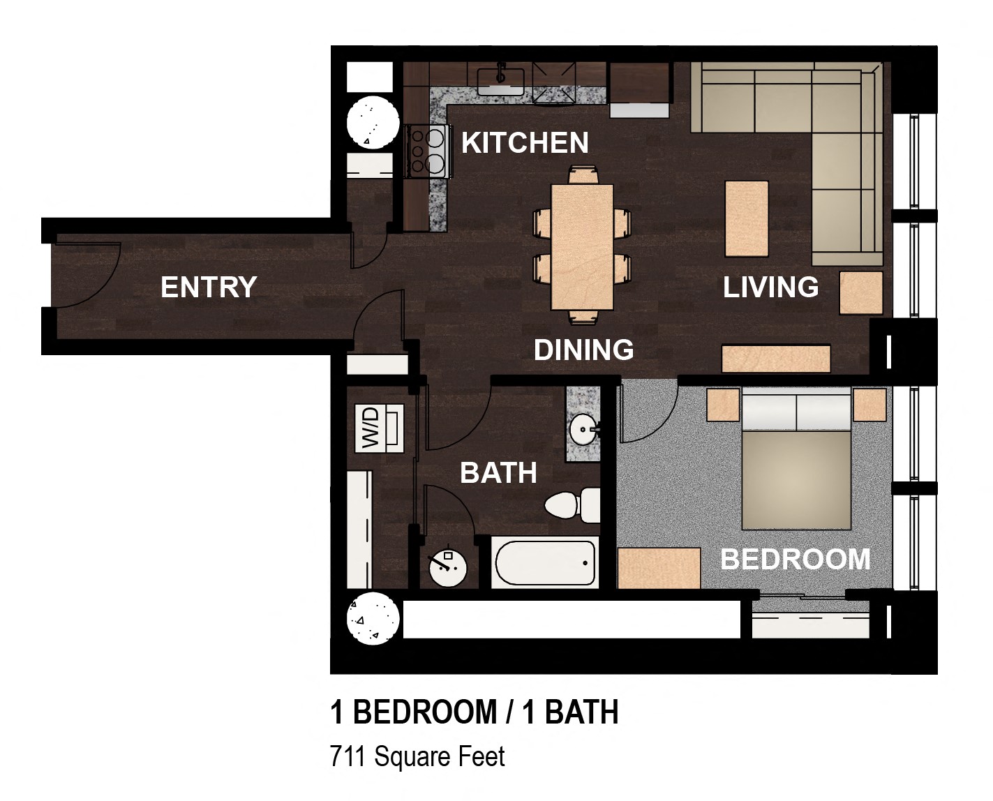 Floor plan for 1 bed, 1 bath, 711 sqft